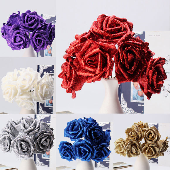 7Pcs Artificial Bouquet Glitter Foam Artificial Flowers Wedding Bridal Party Decor DIY Rose