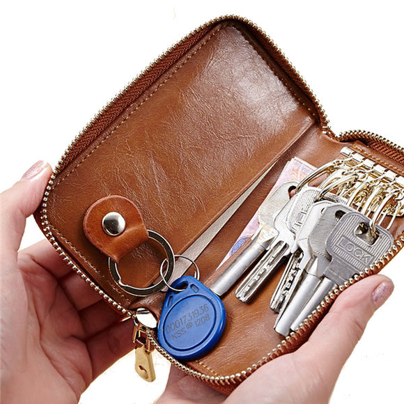 Women Genuine Leather Zipper Key Case Short Holder Retro Purse Bags