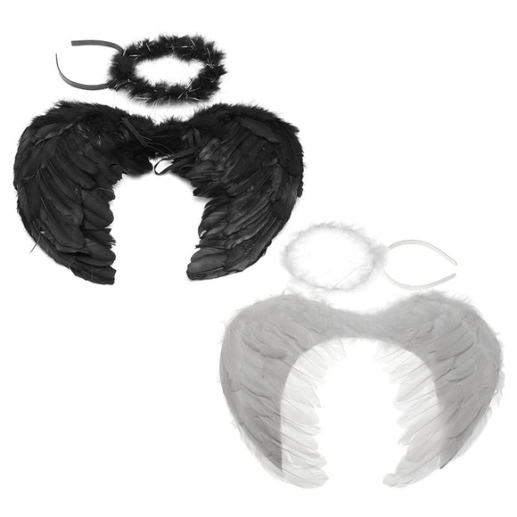 Halloween Fancy Dress Feather Angel Fairy Wings and Halo Black And White