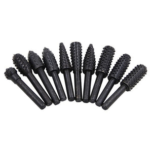 10Pcs Carbon Steel Shank Rotary File Set Wood Carving Rasp Drill Bits Tool