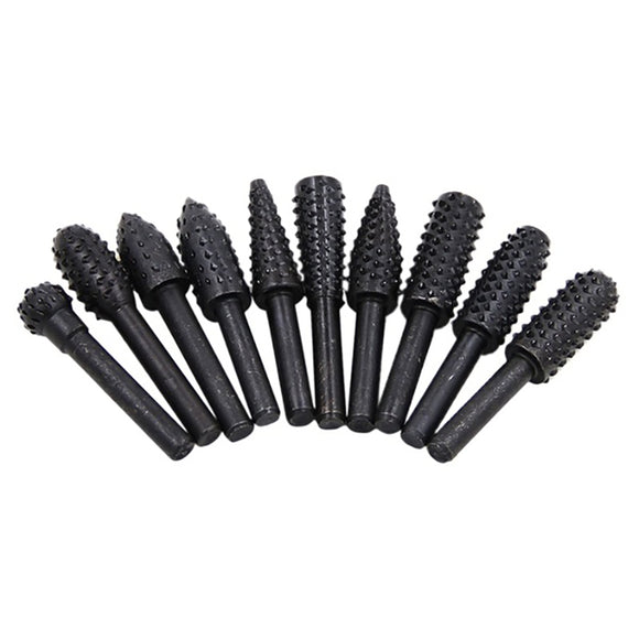 10Pcs Carbon Steel Shank Rotary File Set Wood Carving Rasp Drill Bits Tool