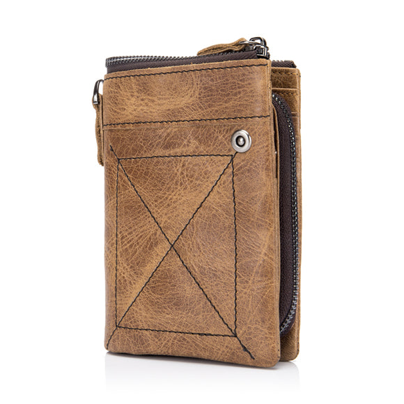 Bullcaptain Men Genuine Leather Brown 11 Card Slots Zipper Wallet Hipster Wallet with Coin Bag