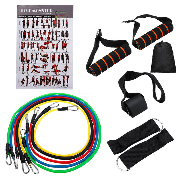 11pcs / Set Natural Rubber Latex Fitness Resistance Bands Exercise Tubes Practical Elastic Training Rope Yoga Pull String Exercise Tools