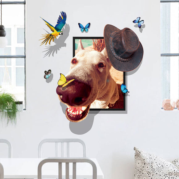 Miico Creative 3D Dog Wear Cap Bird Butterfly Frame PVC Removable Home Room Decorative Decor Sticker
