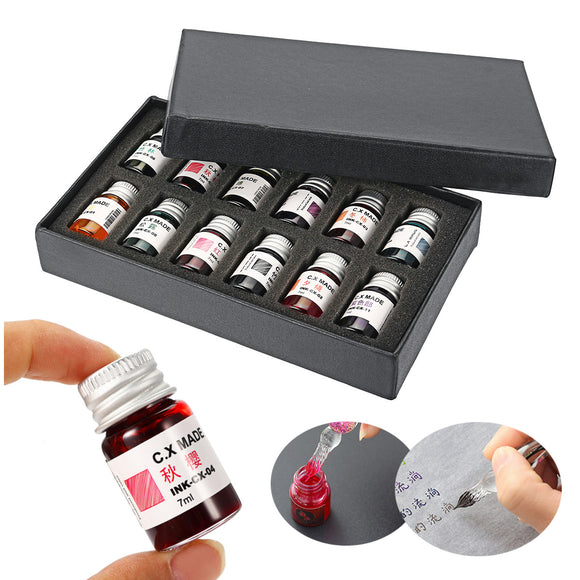 12PCS 7ml Glass Dip Pen Non-carbon Ink Set Fountain Writing Signature Box Gift Glass Sign Pen