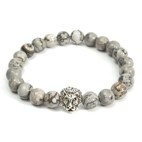 Trendy 8mm Gray Lion Head Beads Bangle Bracelet Elastic Animal Charm Chain for Men