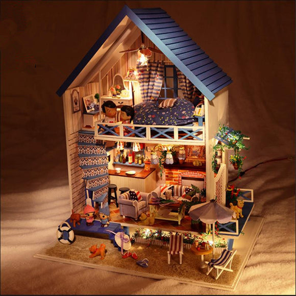 Hoomeda DIY Wood Romantic Aegean Sea Dollhouse Miniature With LED Music Furniture Doll House