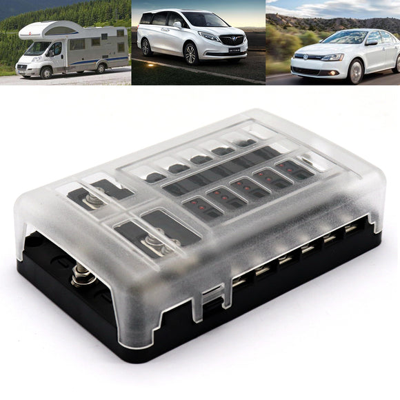 12-Way Fuse Box Holder LED Indicator Negative Busbar Caravan Boat Marine