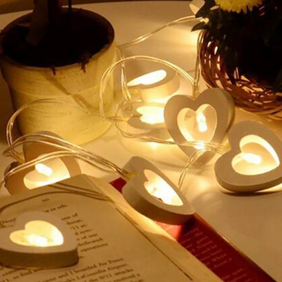 Battery Powered Warm White 10LEDs Wooden Heart Shaped Fairy String Light for Party Wedding