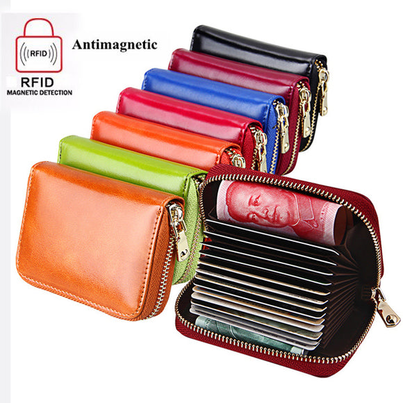 RFID Genuine Leather Zipper 15 Card Holder Oil Short Purse Wallets Coin Bags
