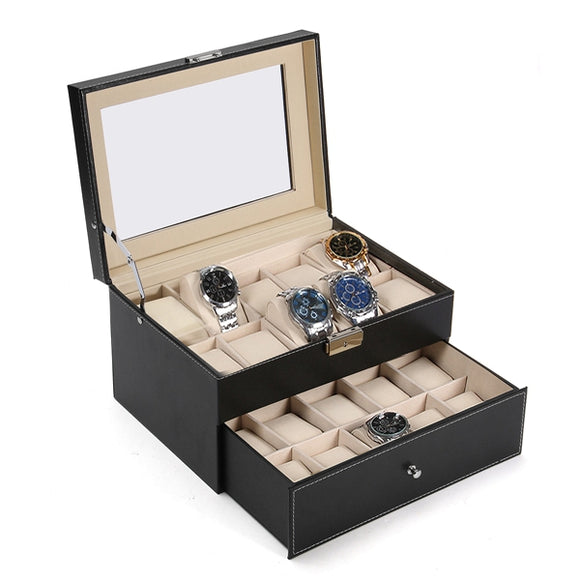 Large 20 Slot Wrist Watch Display Box Black Leather Watch Case Organizer Glass Top