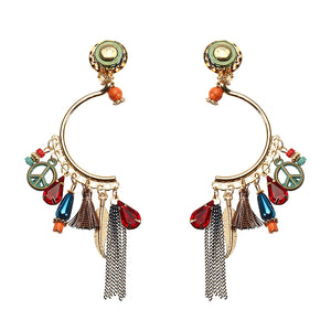 Bohemian Earrings Luxury Gold Plated CND Peace Symbol Drop Tassel Pendant Ear Clip Gift for Women