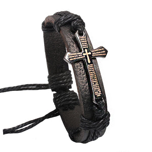 Retro Alloy Cross Charming Pendant Wax Rope Leather Chain Bracelet for Men