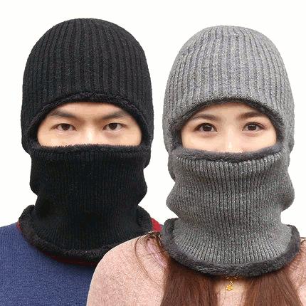 Knitted Hat Scarf Cap Neck Warmer Winter Siamese Hood Hats For Men Women Skullies Beanies Fleece