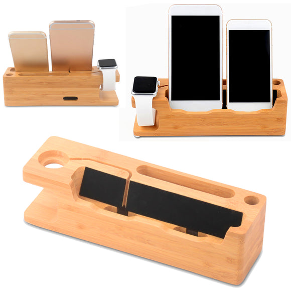 Multi-function Wooden Desktop USB Charging Stand Holder for iWatch iPhone Smartphone Tablet
