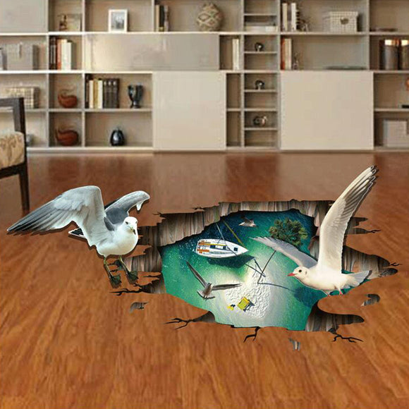 Miico Creative 3D Sea Gulls Birds Sea Island PVC Removable Home Room Floor Decor Sticker