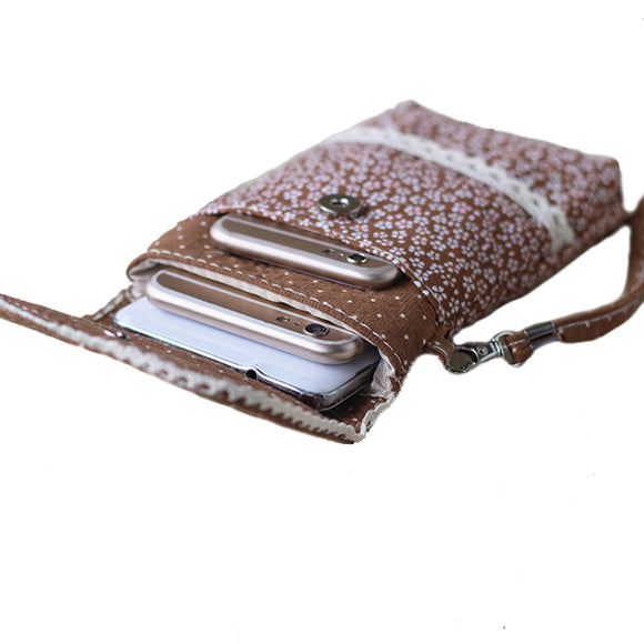 3 Interlayers Hasp Floral Canvas Shoulder Bags Girls Mini Cute Lace Shoulder Bags 5.5'' Phone Bags