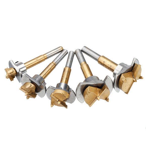 Drillpro Adjustable 5PCS 15/20/25/30/35mm Forstner Drill Bit Set Titanium Coating Wood Auger Cutter Woodworking Positioning Hole Saw Cutter Hinge Hole Opener