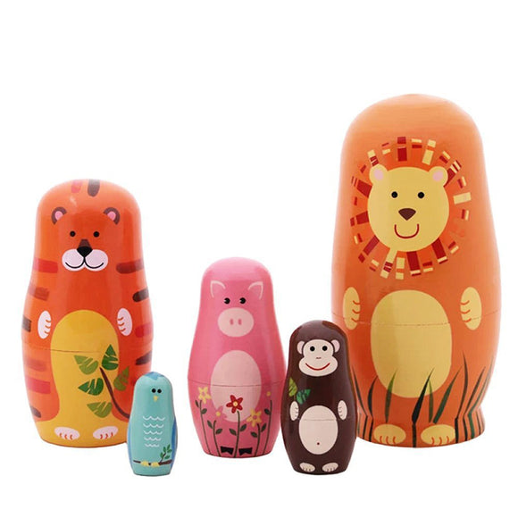 5Pcs/Set Russian Nesting Dolls Wooden Handmade Painting Animals Matryoshka Dolls Decorations