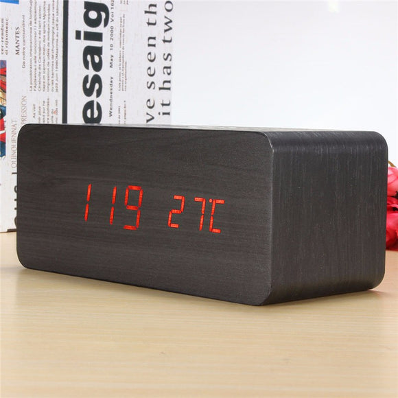 Black Digital LED Wooden Desk Alarm Clock With Thermometer Voice Control