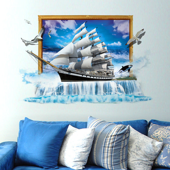 Miico Creative 3D Sea Sailboat Waterfall Frame PVC Removable Home Rooml Door Decor Sticker