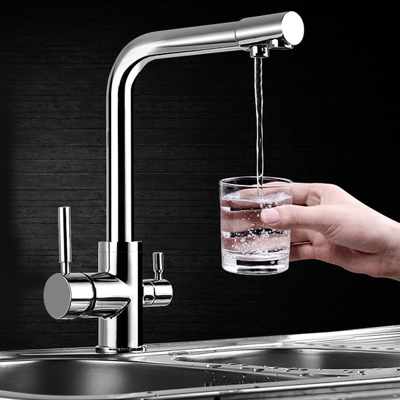 Dual Lever Kitchen 3 Way Water Filter Mixer Tap Sink Flow Modern Flexible Chrome Faucet