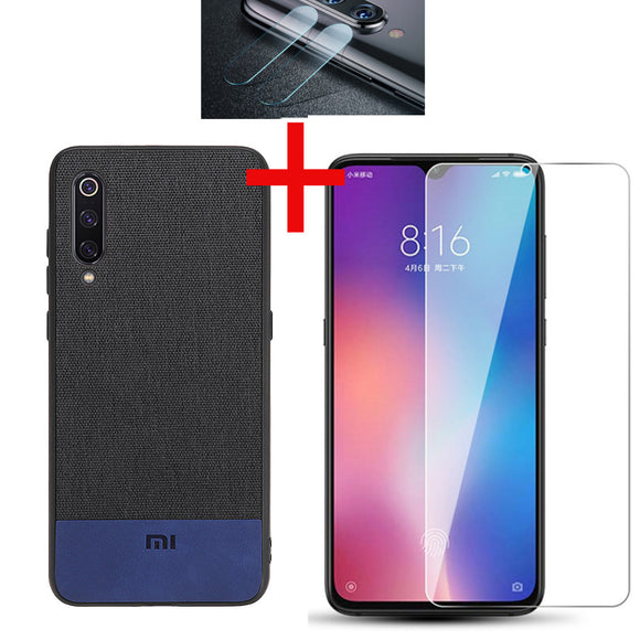 Bakeey Fabric Splice Soft Edge Protective Case+Tempered Glass Screen Protector +Lens Protector For Xiaomi Mi 9 / Mi 9 Transparent Edition