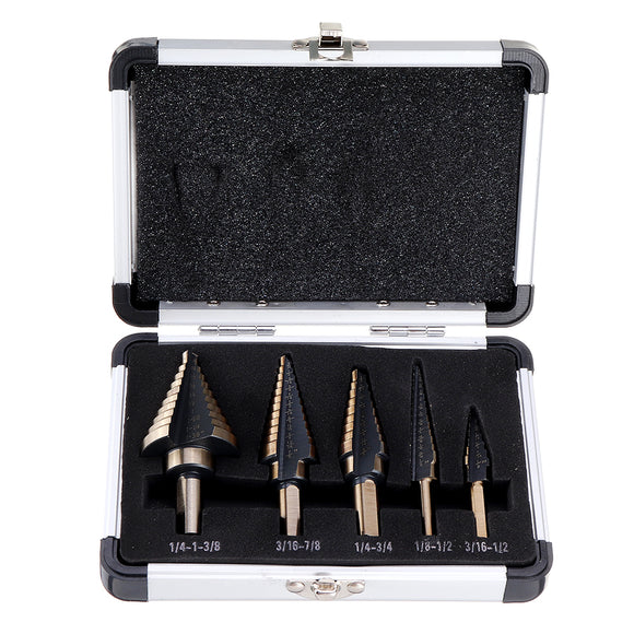 Drillpro 5pcs HSS Step Drill Bit Set Hole Cutter Drilling Tool Multiple Hole 50 Sizes with Aluminum Case