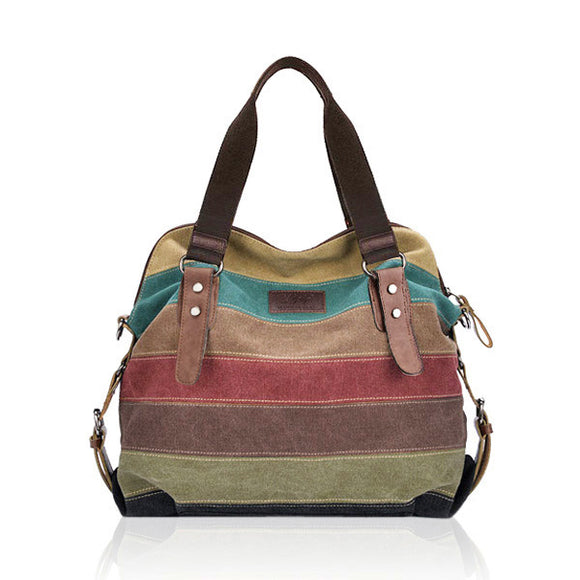Women Casual Stripe Canvas Handbag  Micro-Fibric Leather Shoulder Bags Contrast Color Crossbody Bags