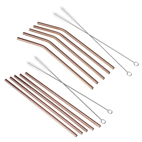 7pcs Stainless Steel Rose Gold Curved Straw / Straight Straw + Brush Reusable