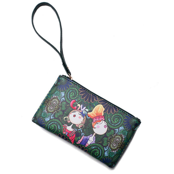 Women Bohemian Print Portable Long Wallet Green Forest Series Clutches Bag