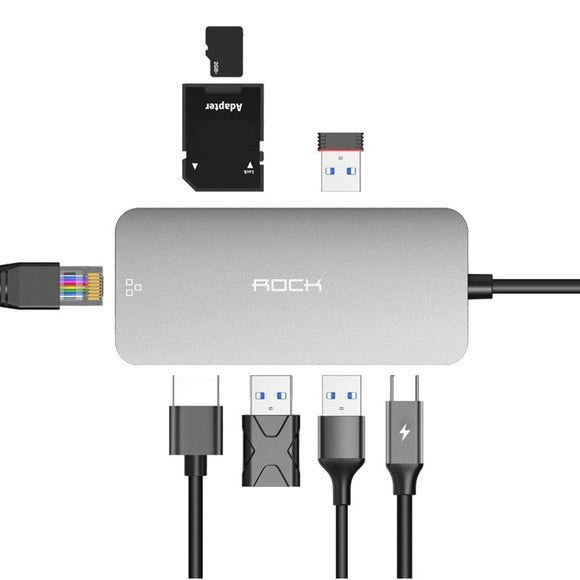Rock 8 in 1 Type-c to USB 3.0 Gigabit RJ45 4K Display TF Card Reader PD Fast Charge Adapter Hub for Mobile Phone