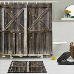 70.9 x 70.9" Rustic Wooden Barn Door Waterproof Shower Curtain Bathroom Mat"