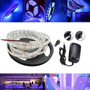 5M UV SMD2835 395-405NM Purple 300 LED Waterproof Strip Light + DC Connector + Power Supply 12V