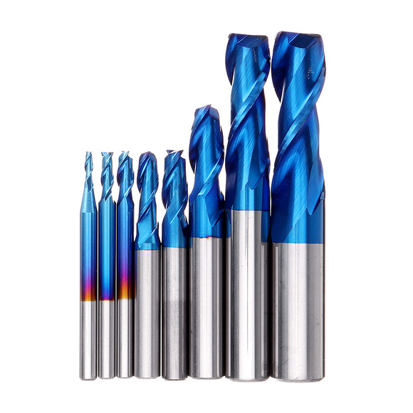 Drillpro 8PCS HRC55 Blue Nano Tungsten Carbide 2 Flute End Mill Set R1-R6 Milling Cutter CNC Router Bits for Metal Wood Stainless Steel Aluminum Copper Plastic Acrylic
