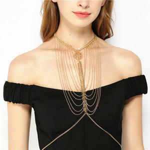 Sexy Hollow Flower Disc Multilayer Tassel Body Chain Elegant Alloy Long Necklace