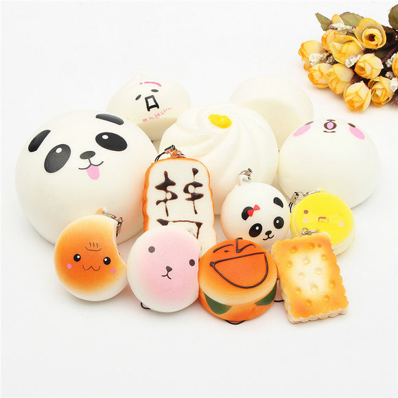 12PCS Random Squishy Toy Soft Kawaii Cute Bread Bun Phone Key Chain Charms With Rope