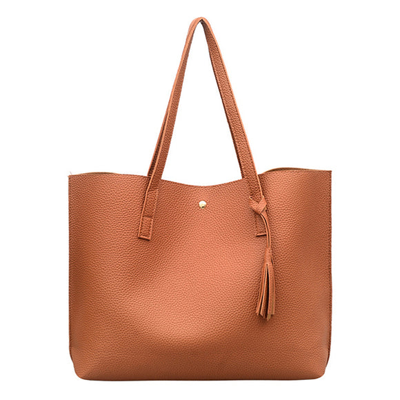 Women  Leisure Pure Color PU Tote Bag Handbag Simple Shoulder Bag