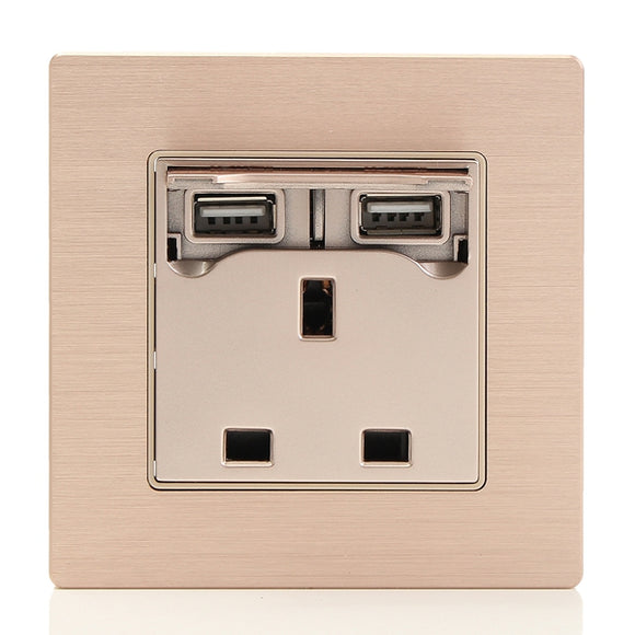 250V 10A Gold UK Plug Wall Socket Plate With 2 USB Charger Port Outlets