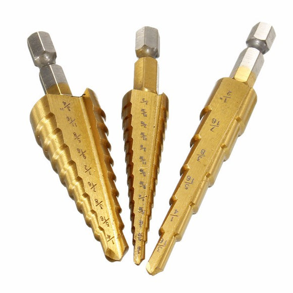 3pcs HSS 1/4 Inch Hex Shank Titanium Coated Step Cone Drill Bit Set in Pouch