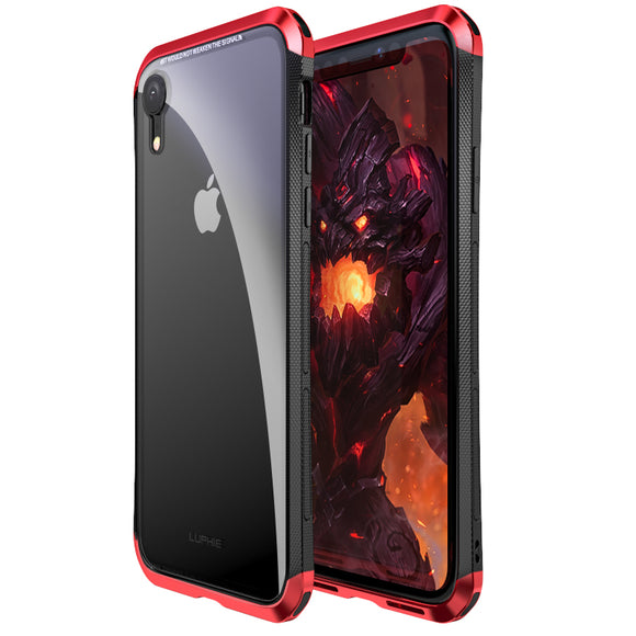 Luphie Protective Case For iPhone XR Metal Bumper+9H Clear Tempered Glass Back Shell