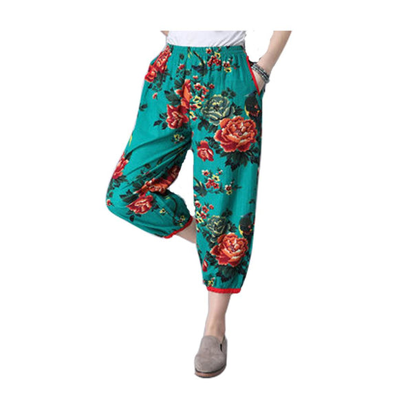 Women Yoga Pants Original Oversized Loose Elastic Printing Waist Cotton Linen Bloomers Nepal Style