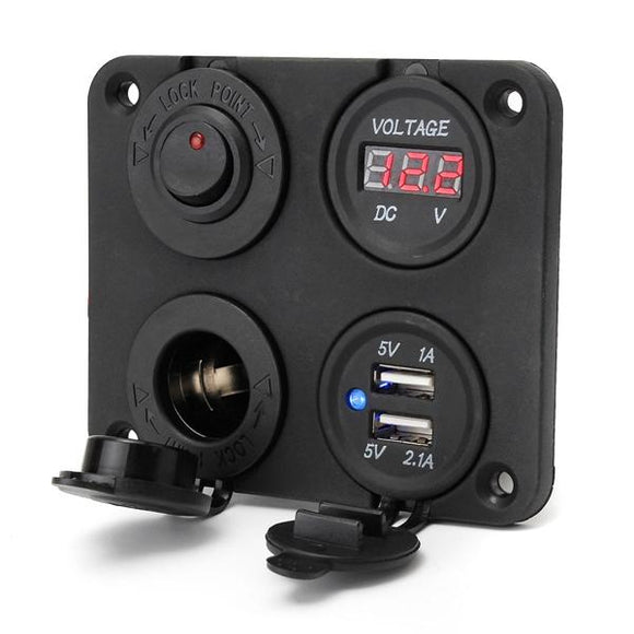 Dual USB Adapter Charger & Sockets & Digital Voltmeterr & Switch Panel
