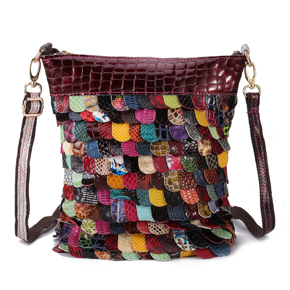 Women Bohemian Floral Genuine Leather Handbag Bright Crossbody Bags