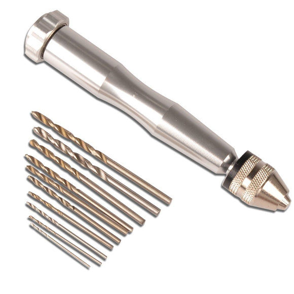 Drillpro Aluminum Hand Drill With 0.6-3.0mm Keyless Chuck and 10pcs 0.8-3.0mm Twist Drill Bits