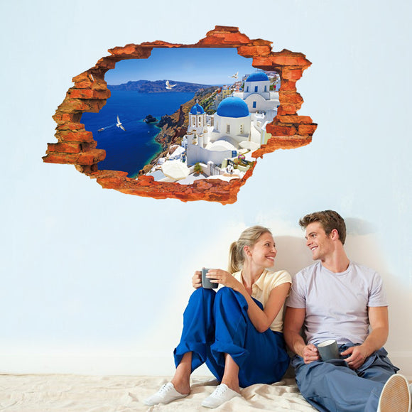 Miico Creative 3D Aegean Sea Broken Wall Removable Home Room Decorative Wall Door Decor Sticker