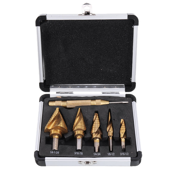 Drillpro 6pcs 1/8 to 1-3/8 Inch Upgrade Step Drill Titanium Spiral Grooved Step Drill Bit Set with Automatic Center Punch and Aluminum Case