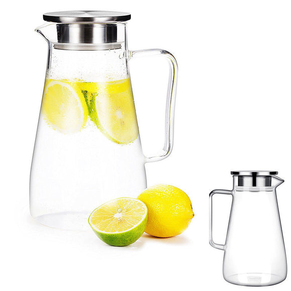 1.5L Clear Glass Pitcher Jug Water Drinking Tea Pot Carafe Stainless Steel Lid