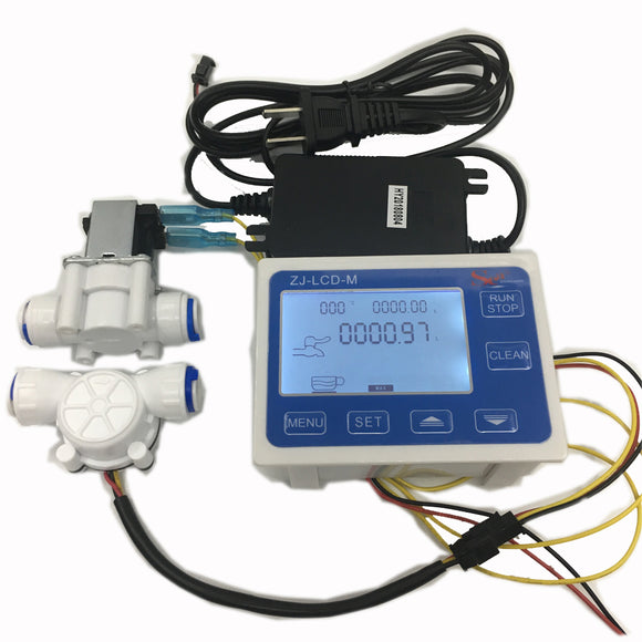3/8 Flow Sensor+ZJ-LCD-M Flow Meter Controller + Soleniod Valve + Power Charger LCD Display for Water Liquid Measurement
