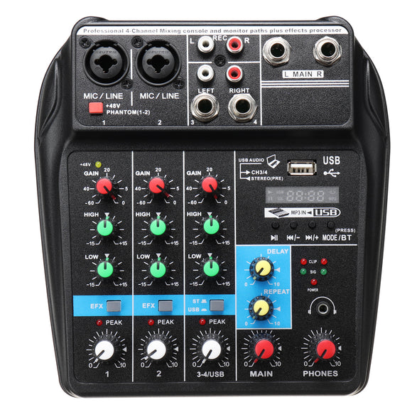 4 Channels USB Portable Mixer Bluetooth Record Live Studio DJ Audio Mixing Console